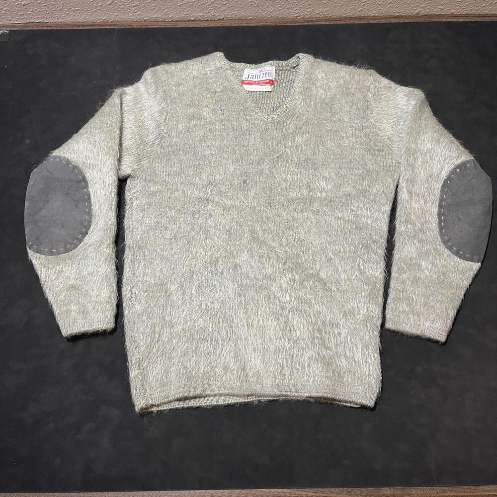 Vintage Jantzen Sweater Shaggy Green Mohair Wool Cobain Leather Elbow Pads 1960s - Picture 1 of 14